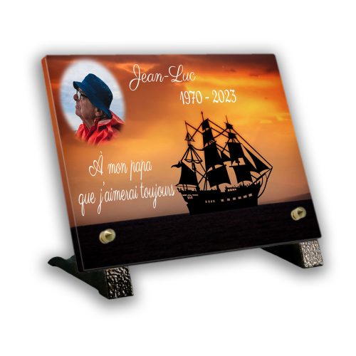 Plaque funéraire personnalisée bateau avec photo pieds