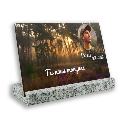 Plaque tombale personnalisée, Grand rectangle, Avec socle blanc, Avec image