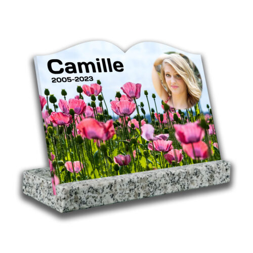 Plaque funéraire personnalisée, avec socle blanc, avec photo