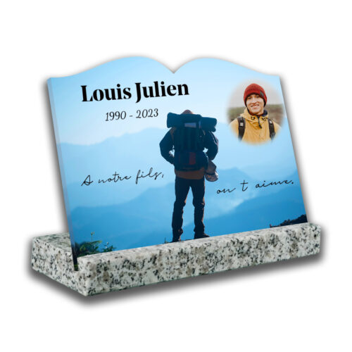 Plaque funéraire personnalisée Texte+photo bloc granit gris.