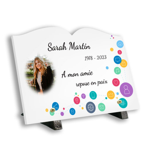 Plaque funéraire personnalisée livre Texte+photo réseaux sociaux pied.