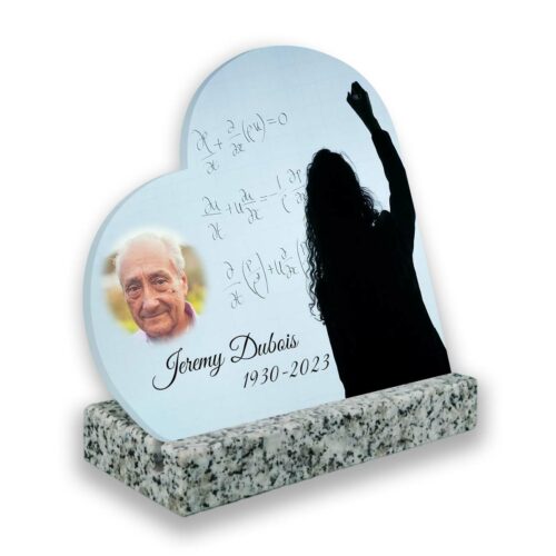 Plaque funéraire personnalisée thème enseignant-prof socle en granit blanc avec texte et photo