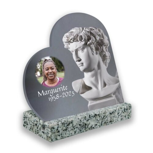 Plaque funéraire personnalisée thème Sculpture socle en granit blanc avec texte et photo