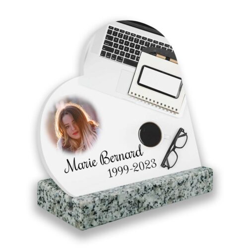 Plaque funéraire personnalisée thème Journaliste socle en granit blanc avec texte et photo