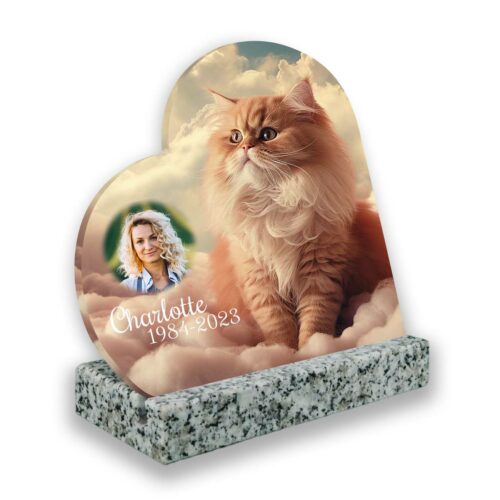 Plaque funéraire personnalisée thème chat socle en granit blanc avec texte et photo