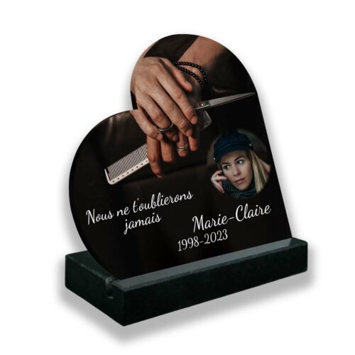 Plaque funéraire personnalisée thème Coiffeuse socle en granit noirc avec texte et photo