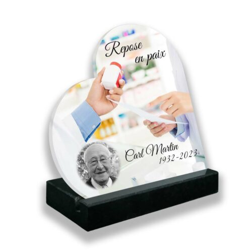 Plaque funéraire personnalisée thème pharmacien socle en granit noirc avec texte et photo
