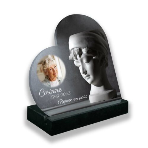 Plaque funéraire personnalisée thème Sculpture socle en granit noirc avec texte et photo