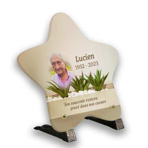 plaque funéraire personnalisée étoile plantes pieds avec texte et photo