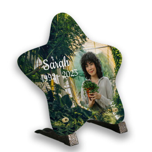plaque funéraire personnalisée étoile pieds plantes tropicales avec texte et photo
