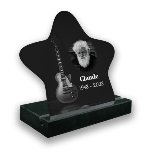 plaque funéraire personnalisée avec socle en granit noir rock n roll photo et texte