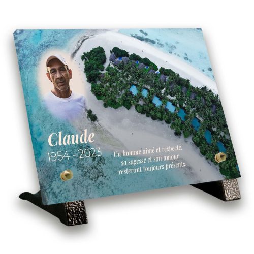 PR - Plaque mortuaire personnalisée thème Voyage pied avec texte et photo
