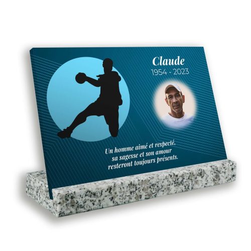 Plaque funéraire personnalisée thème handball socle granit gris avec texte et photo