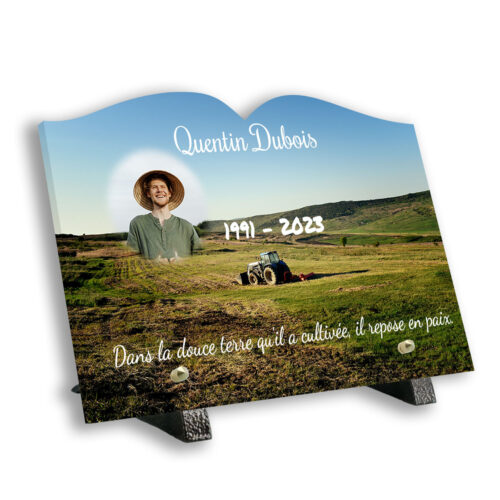 Plaque funéraire personnalisée thème tracteur pied avec texte et photo