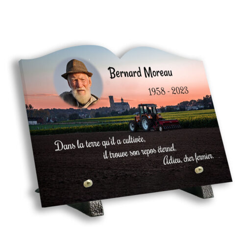 Plaque funéraire personnalisée thème tracteur pied avec texte et photo
