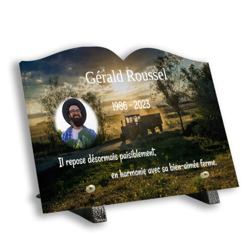 Plaque funéraire personnalisée thème tracteur pied avec texte et photo
