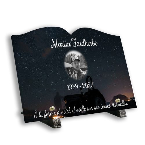 Plaque funéraire personnalisée thème tracteur pied avec texte et photo