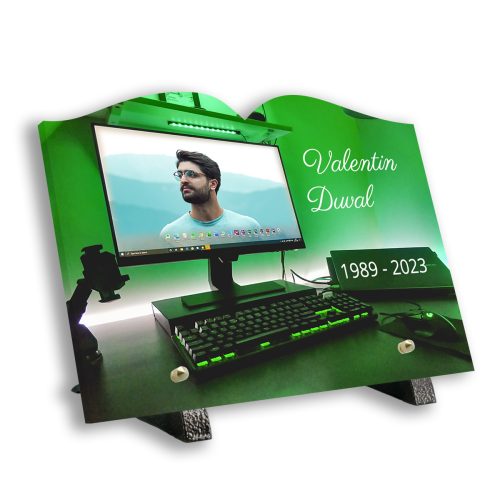 Plaque funéraire personnalisée thème informatique pied avec texte et photo
