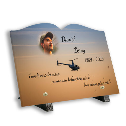 Plaque funéraire personnalisée thème hélicoptère pied avec texte et photo