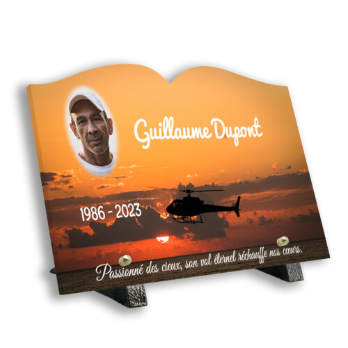 Plaque funéraire personnalisée thème hélicoptère pied avec texte et photo