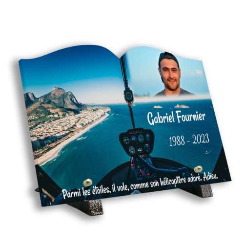 Plaque funéraire personnalisée thème hélicoptère pied avec texte et photo