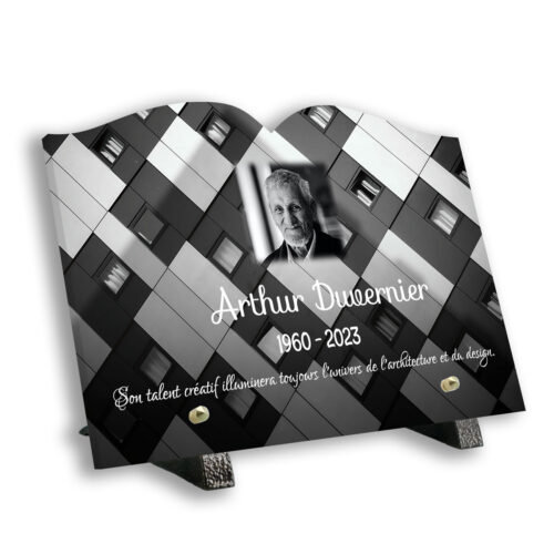 Plaque funéraire personnalisée thème architecture pied avec texte et photo