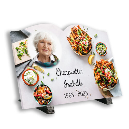 Plaque funéraire personnalisée thème Cuisine pied avec texte et photo