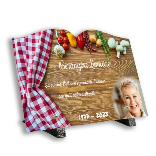 Plaque funéraire personnalisée thème Cuisine pied avec texte et photo