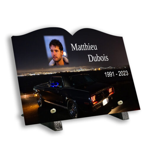 Plaque funéraire personnalisée livre Texte+photo voiture