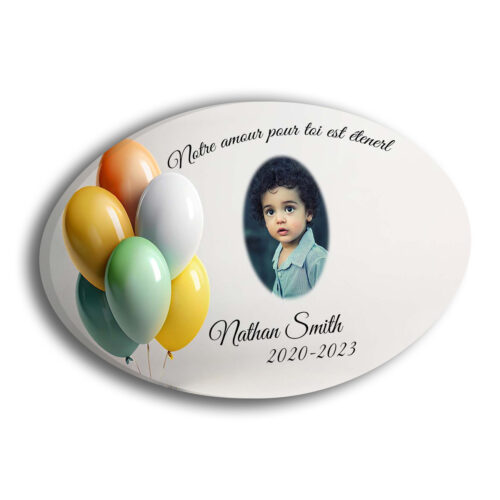 Plaque funéraire personnalisée thème Ballons sans pieds avec texte et photo