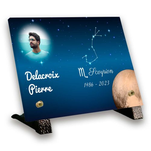 Plaque funéraire personnalisée thème scorpion pieds en bronze avec texte et photo
