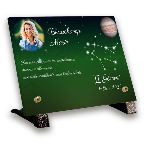 Plaque funéraire personnalisée thème Gémeaux pieds en bronze avec texte et photo