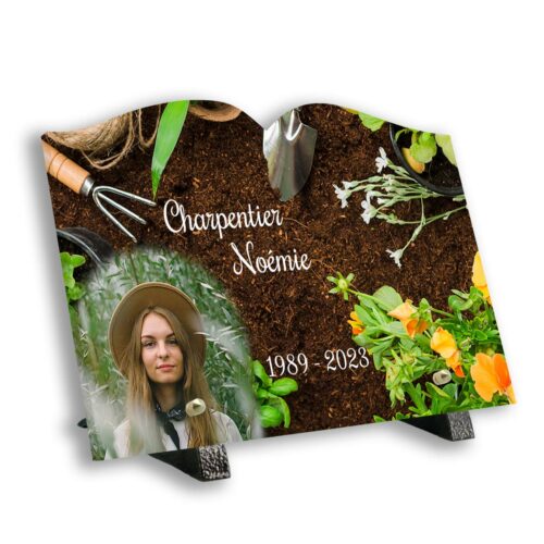 Plaque funéraire photo thème jardinage avec support pieds