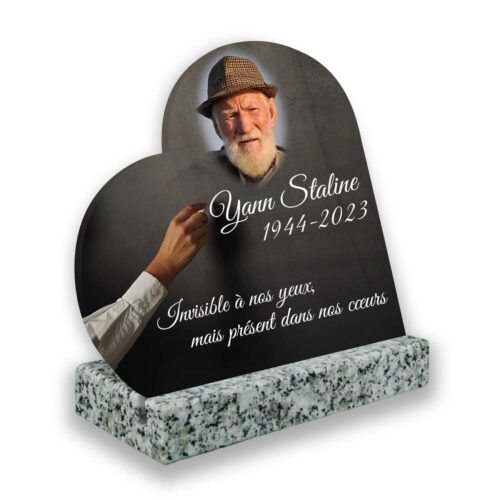 Plaque funéraire personnalisée thème enseignant-prof socle en granit blanc avec texte et photo