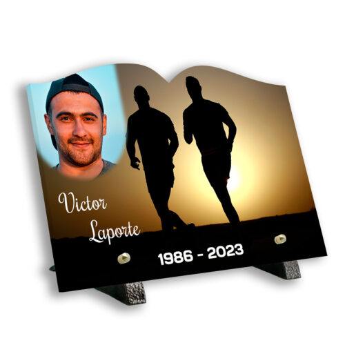Plaque funéraire photo thème course avec support pieds