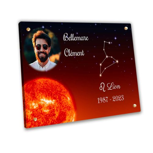 Plaque funéraire personnalisée thème lion vis cache-vis avec texte et photo