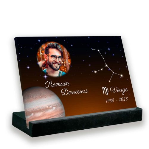 Plaque funéraire personnalisée thème vierge socle en granit noir avec texte et photo