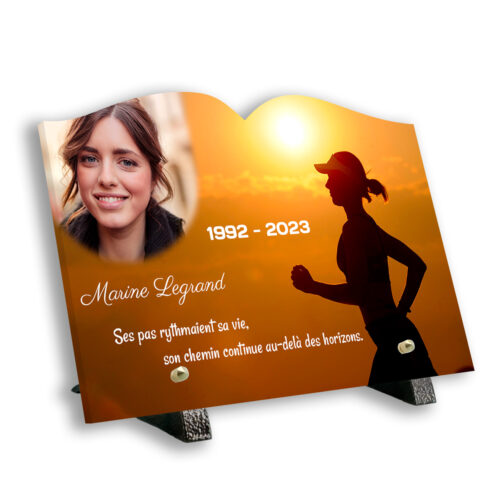 Plaque funéraire photo thème randonnée avec support pieds