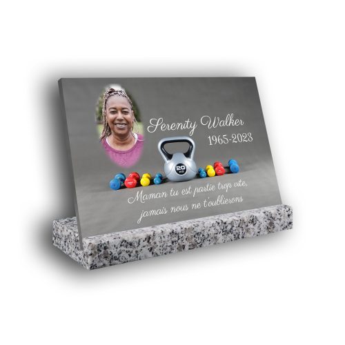 Plaque funéraire personnalisée thème Fitness-Muscu socle en granit blanc avec texte et photo