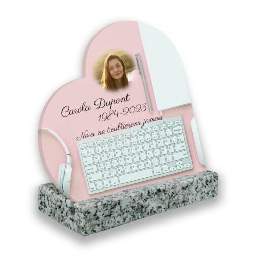 Plaque funéraire personnalisée thème secrétaire socle en granit blanc avec texte et photo