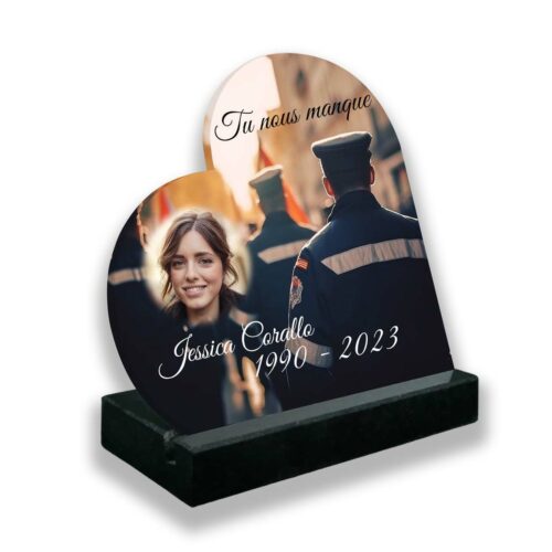 Plaque funéraire personnalisée thème policier socle en granit noirc avec texte et photo