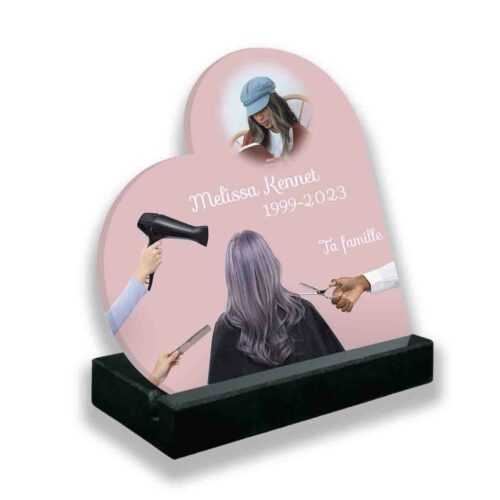 Plaque funéraire personnalisée thème coiffeuse socle en granit noirc avec texte et photo