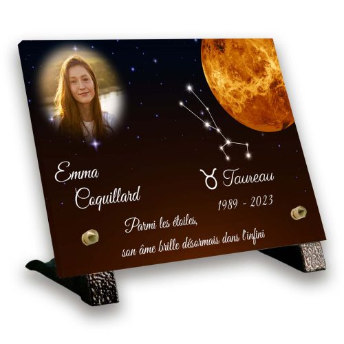 Plaque funéraire personnalisée thème taureau pieds en bronze avec texte et photo