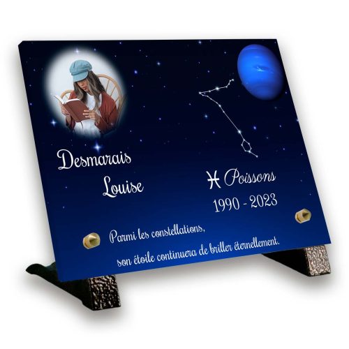 Plaque funéraire personnalisée thème poissons pieds en bronze avec texte et photo