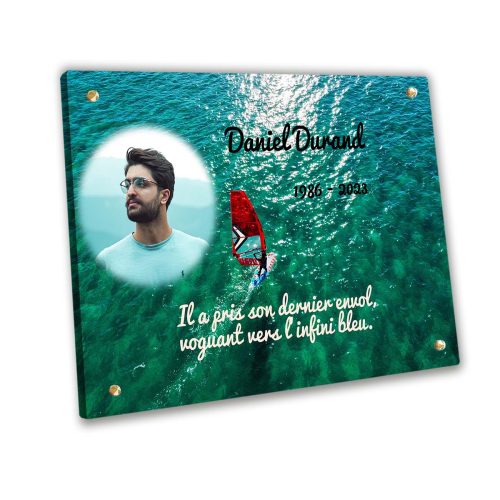 Plaque funéraire personnalisée thème planche à voile vis cache-vis avec texte et photo