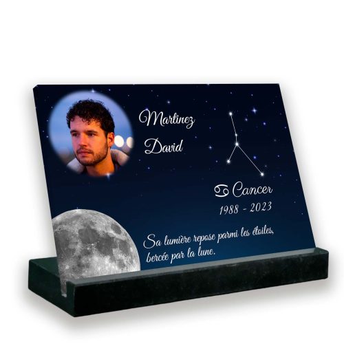 Plaque funéraire personnalisée thème cancer socle en granit noir avec texte et photo