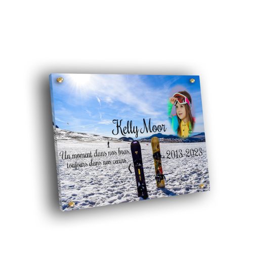 Plaque funéraire personnalisée thème Snowboard-Ski vis et cache-vis avec texte et photo