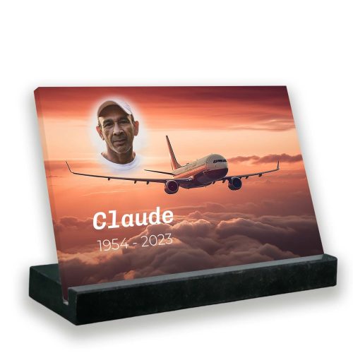 Plaque funéraire photo thème aéroplane avec support socle en granit noir