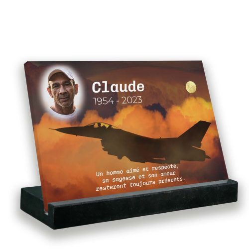 Plaque funéraire photo thème aviateur avec support socle en granit noir