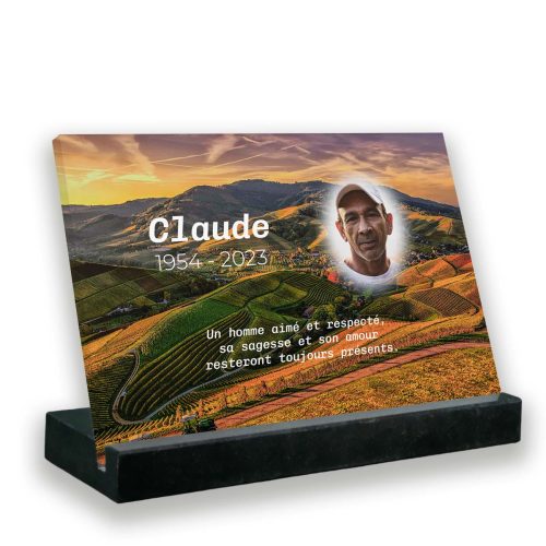 Plaque funéraire photo thème tracteur avec support socle en granit noir